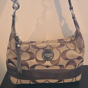 Coach Brown Monogram Shoulder Bag with Leather Trim